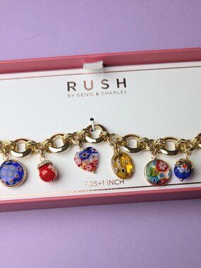 Golden Charm Bracelet with Glass Beads Italian Style 7.25"
